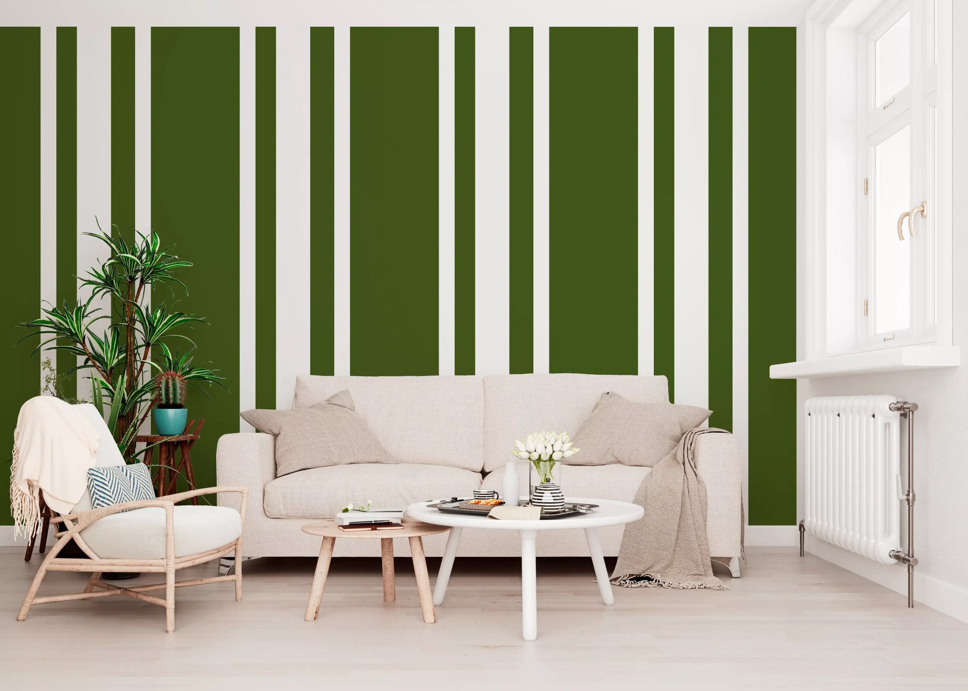 Olive Green Wallpaper showing bold vertical stripes and white contrast