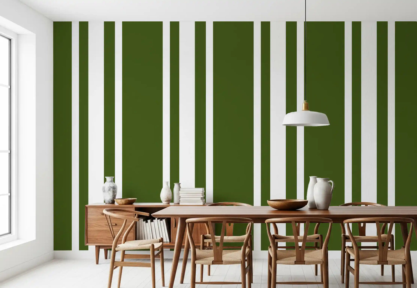 Dining room wallpaper using Olive Stripe pattern with white spacing