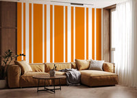 Living room wallpaper with Ticking Stripe Wallpaper and orange detailing