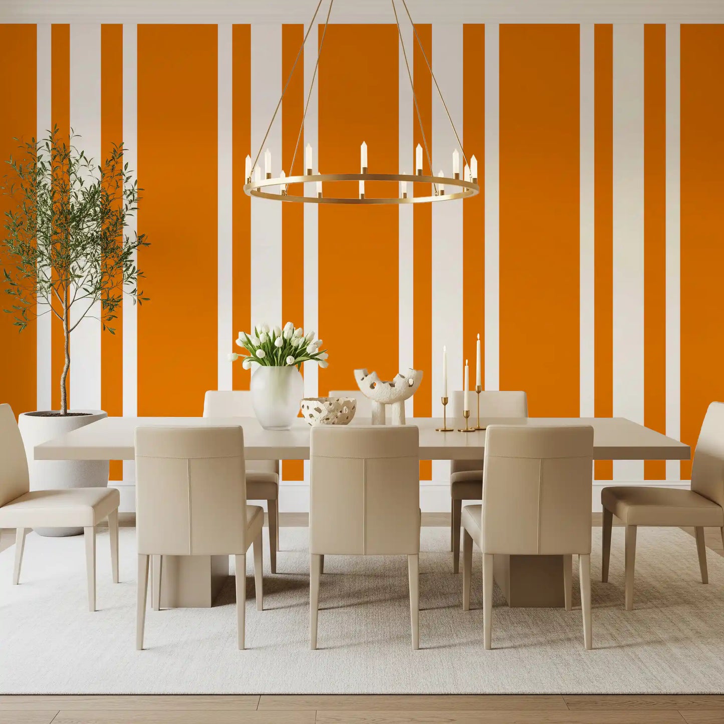 Dining room styled in Orange Retro Wallpaper with graphic vertical bands