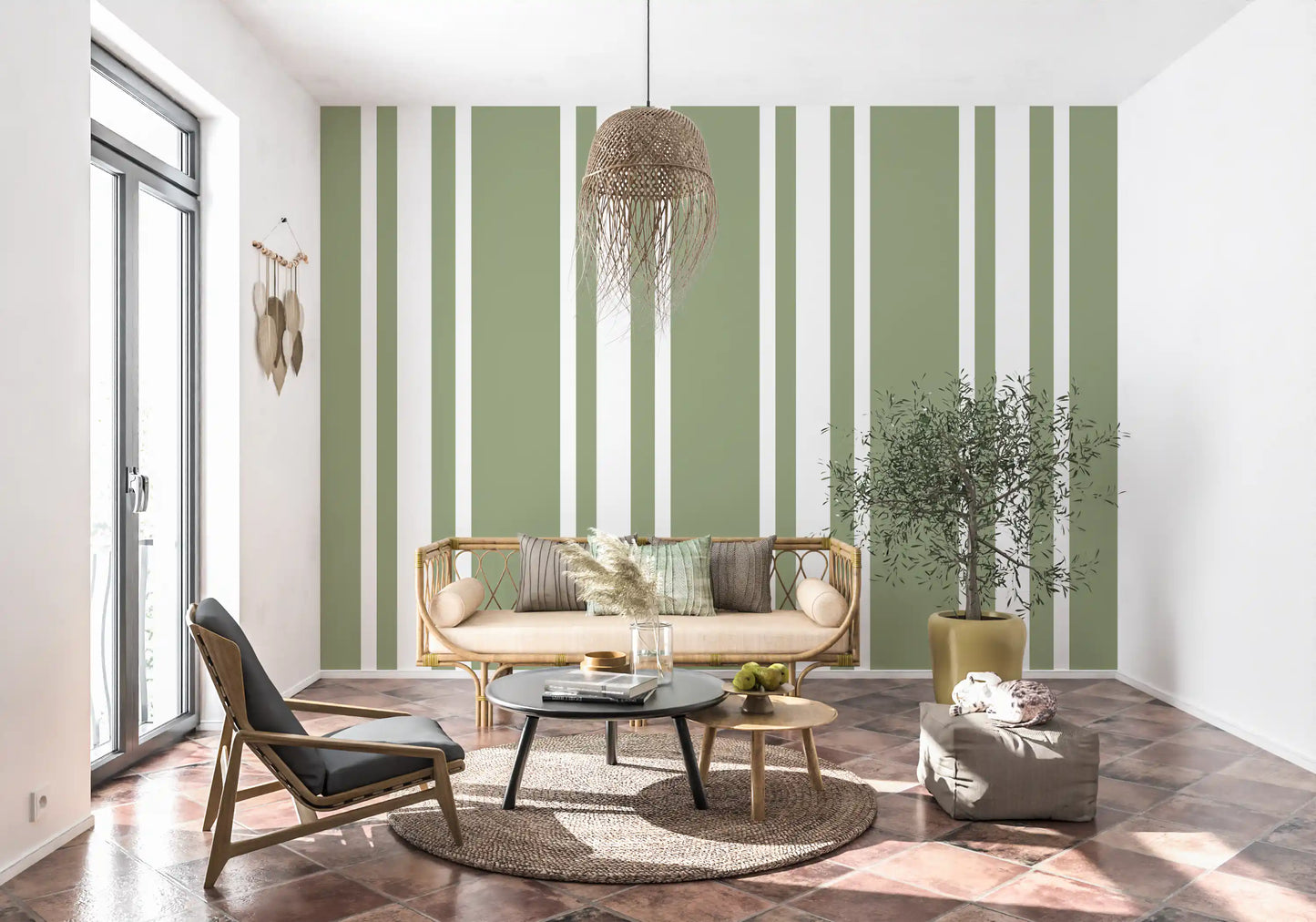 Office area uses Sage Green Wallpaper with wide Vertical Stripe detail