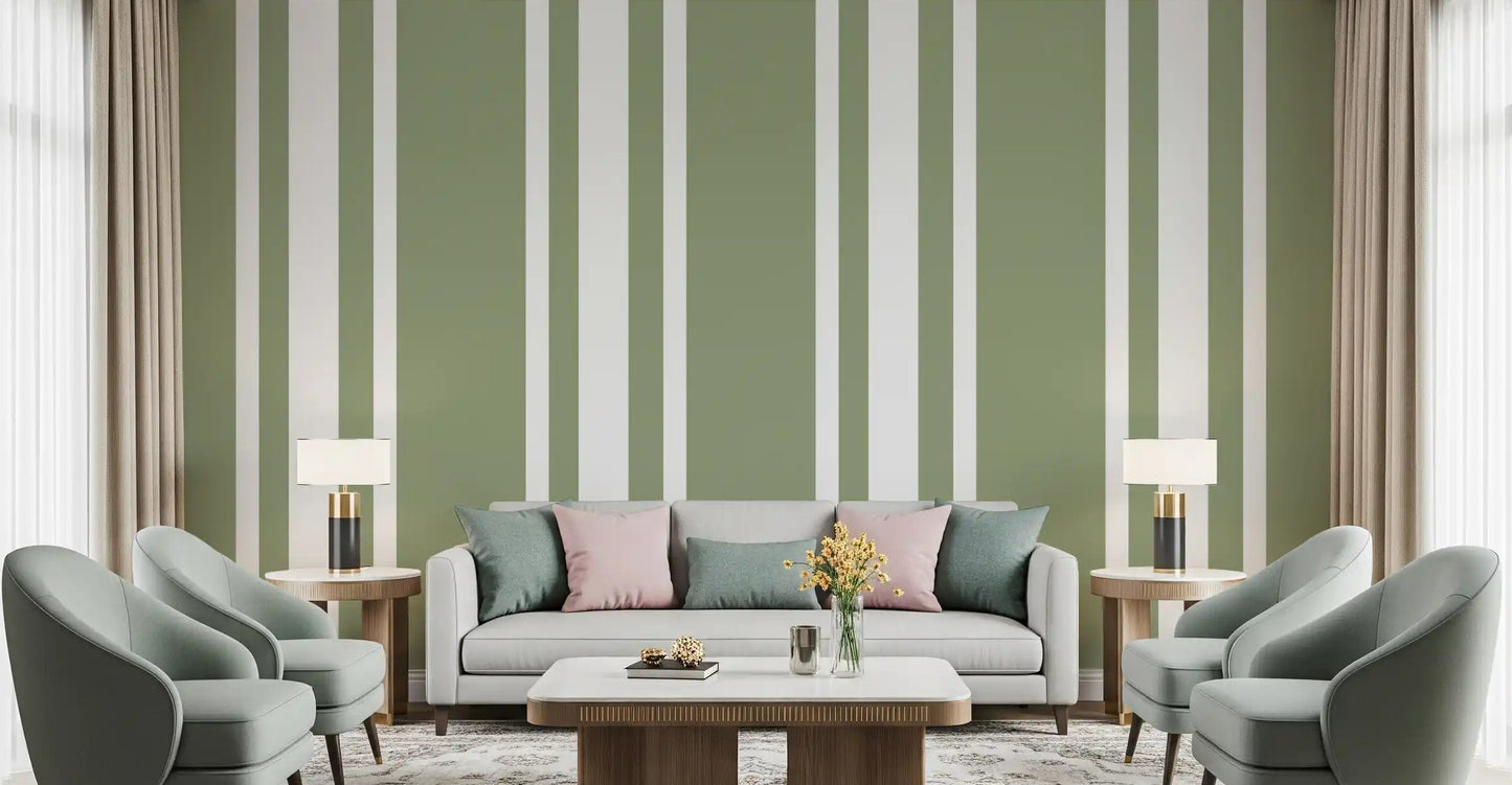 Living room wall finished with Sage Green wallpaper and Ticking Stripe flow