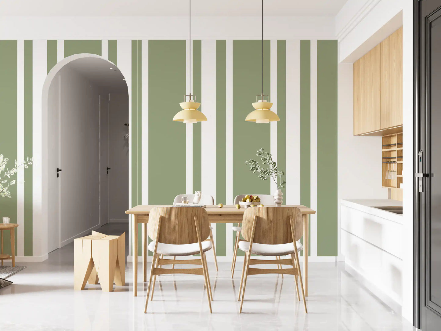White spacing cuts through Sage Green wallpaper in a classic stripe layout