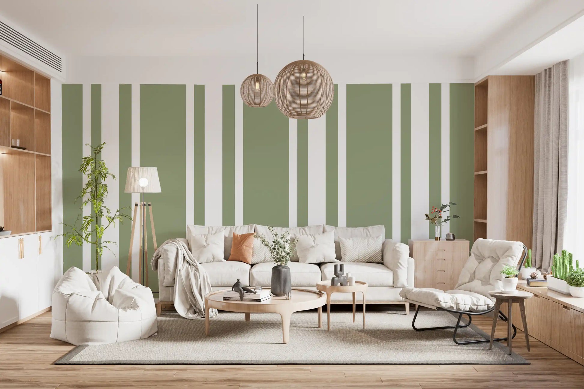 Simple Sage Ticking Wallpaper uses green colour for a soft farmhouse surface