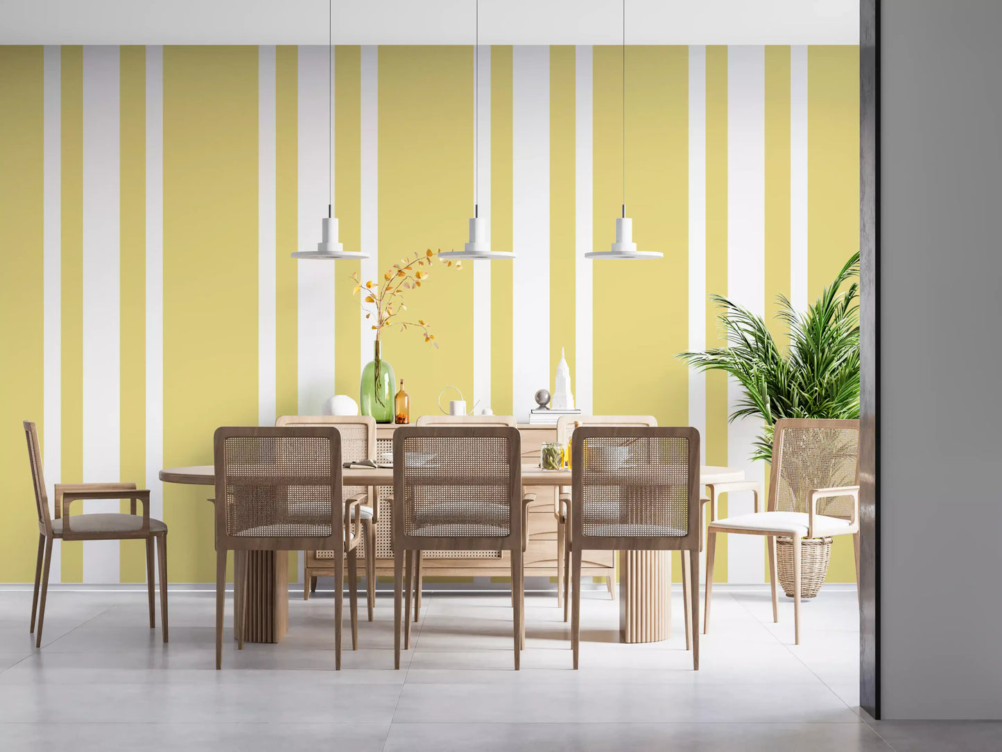 Minimal striped wallpaper designed with warm yellow and crisp white contrast