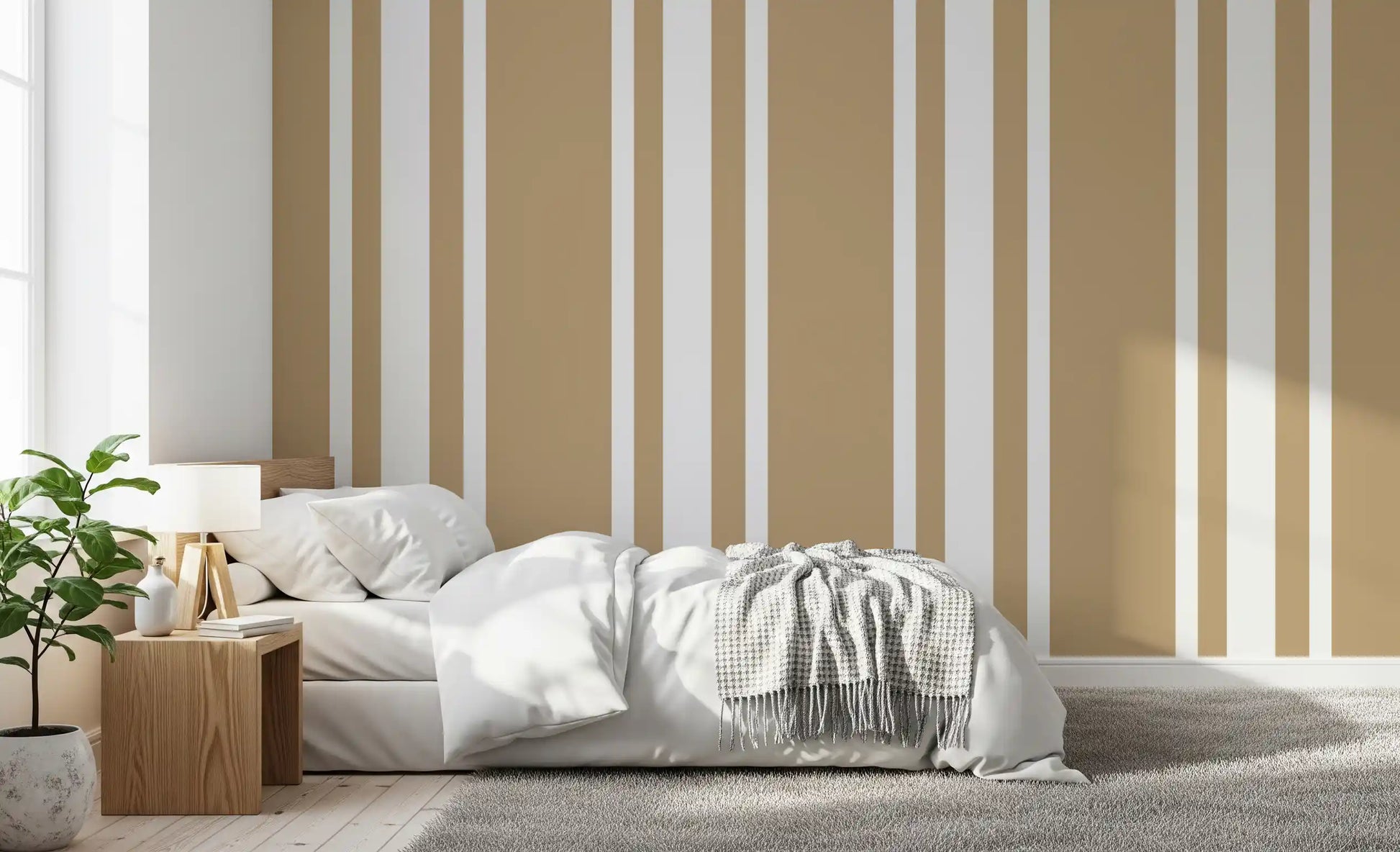 Bedroom finished in Ticking Stripe Wallpaper with farmhouse detail