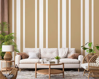 Hallway wallpaper showing taupe stripe pattern and crisp white linework