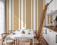 Farmhouse ticking wallpaper with taupe bands and bright white contrast