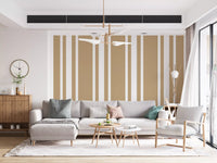 Taupe farmhouse wallpaper designed with wide bands and narrow white gaps