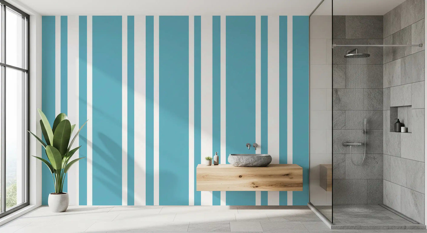 Geometric stripe wallpaper carrying blue ticking pattern and retro detail