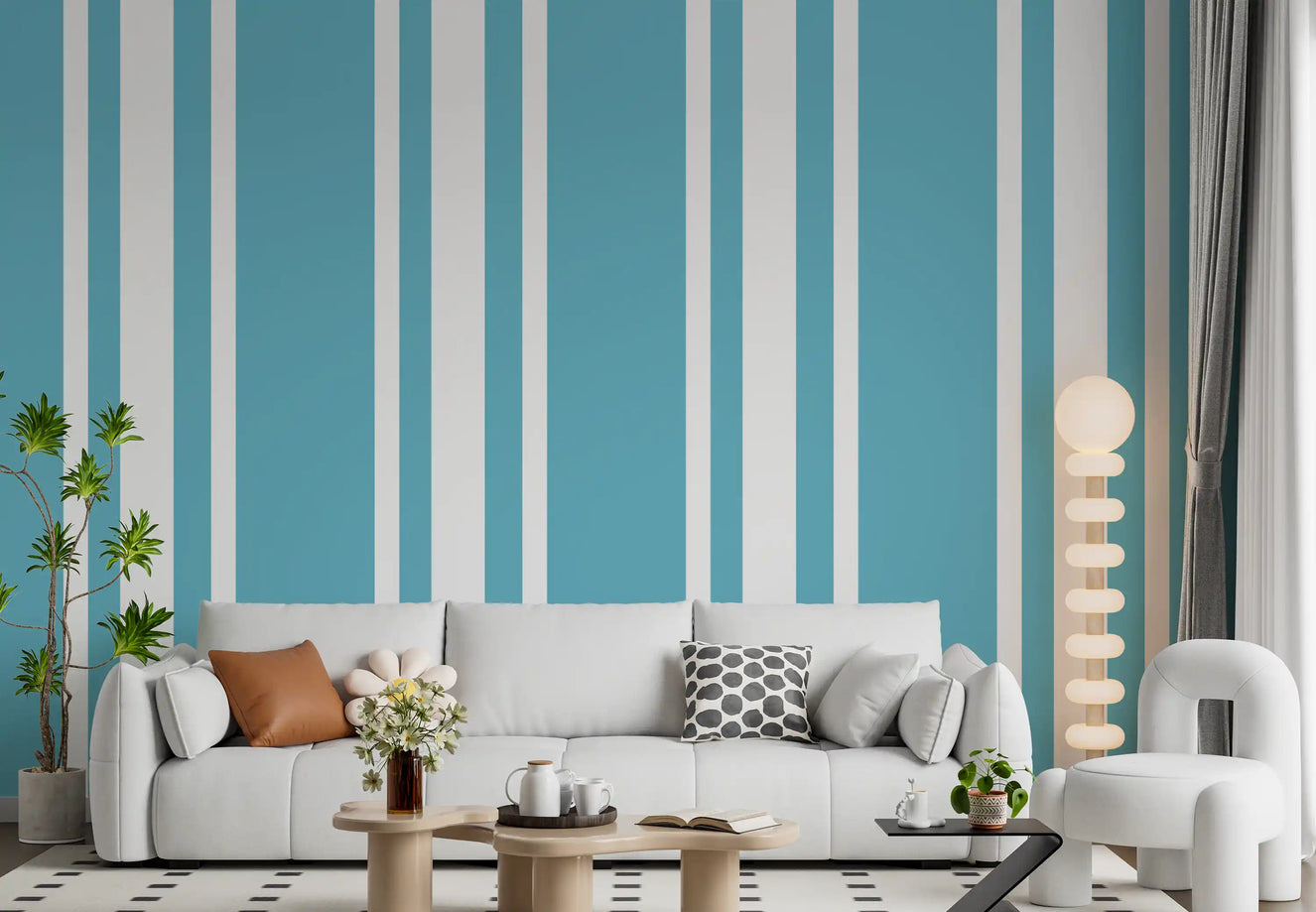Home office wall styled in Blue Ticking Stripe wallpaper with white spacing
