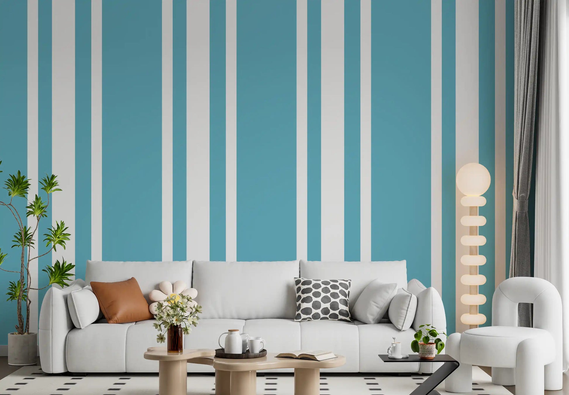 Home office wall styled in Blue Ticking Stripe wallpaper with white spacing