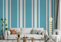 Home office wall styled in Blue Ticking Stripe wallpaper with white spacing