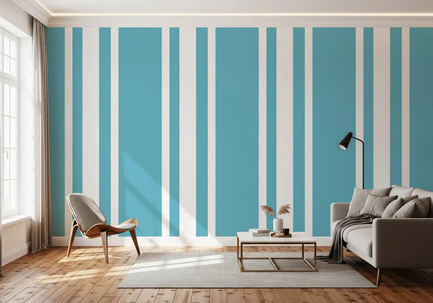 Living room with Retro Blue ticking stripe wallpaper and clean linework