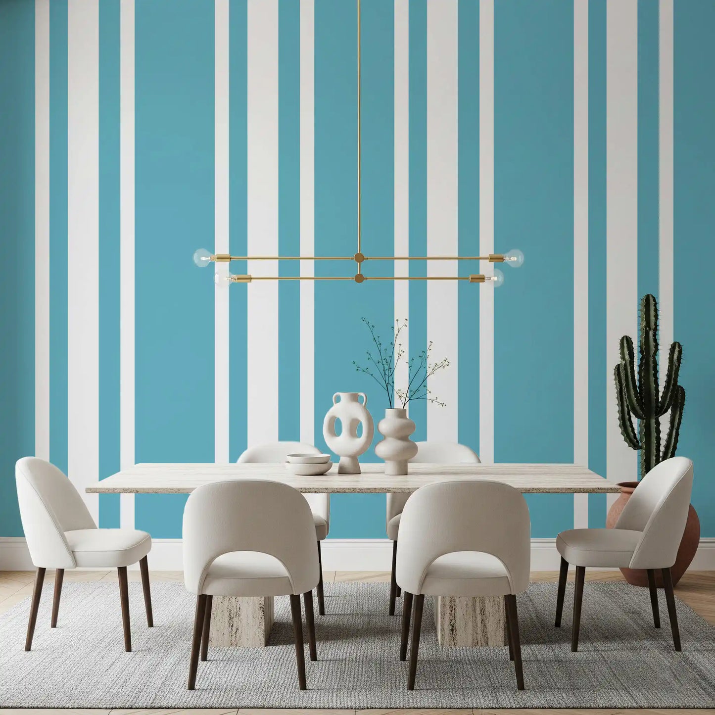 Vertical band wallpaper with Mid Century styling and cool blue colour