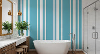 Blue geometric wallpaper with narrow white stripes and balanced spacing