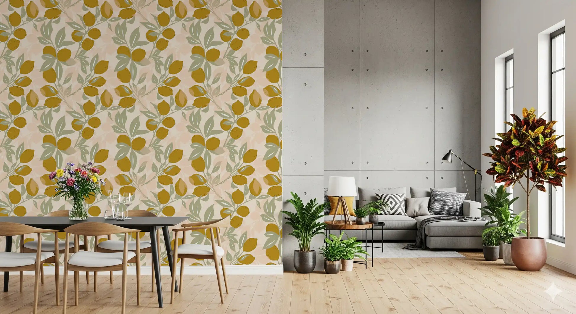 Golden citrus forms sit across Lemon Wallpaper with muted green leaves