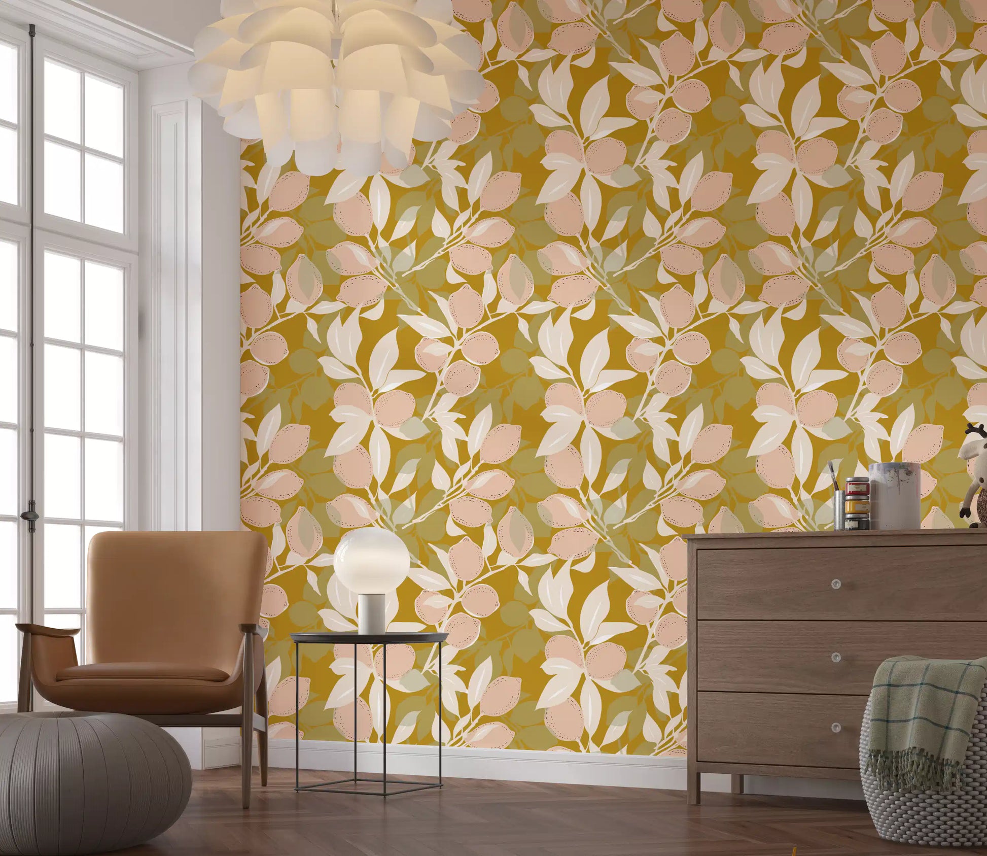 Sage fruit accents appear across mustard wallpaper with citrus patterning