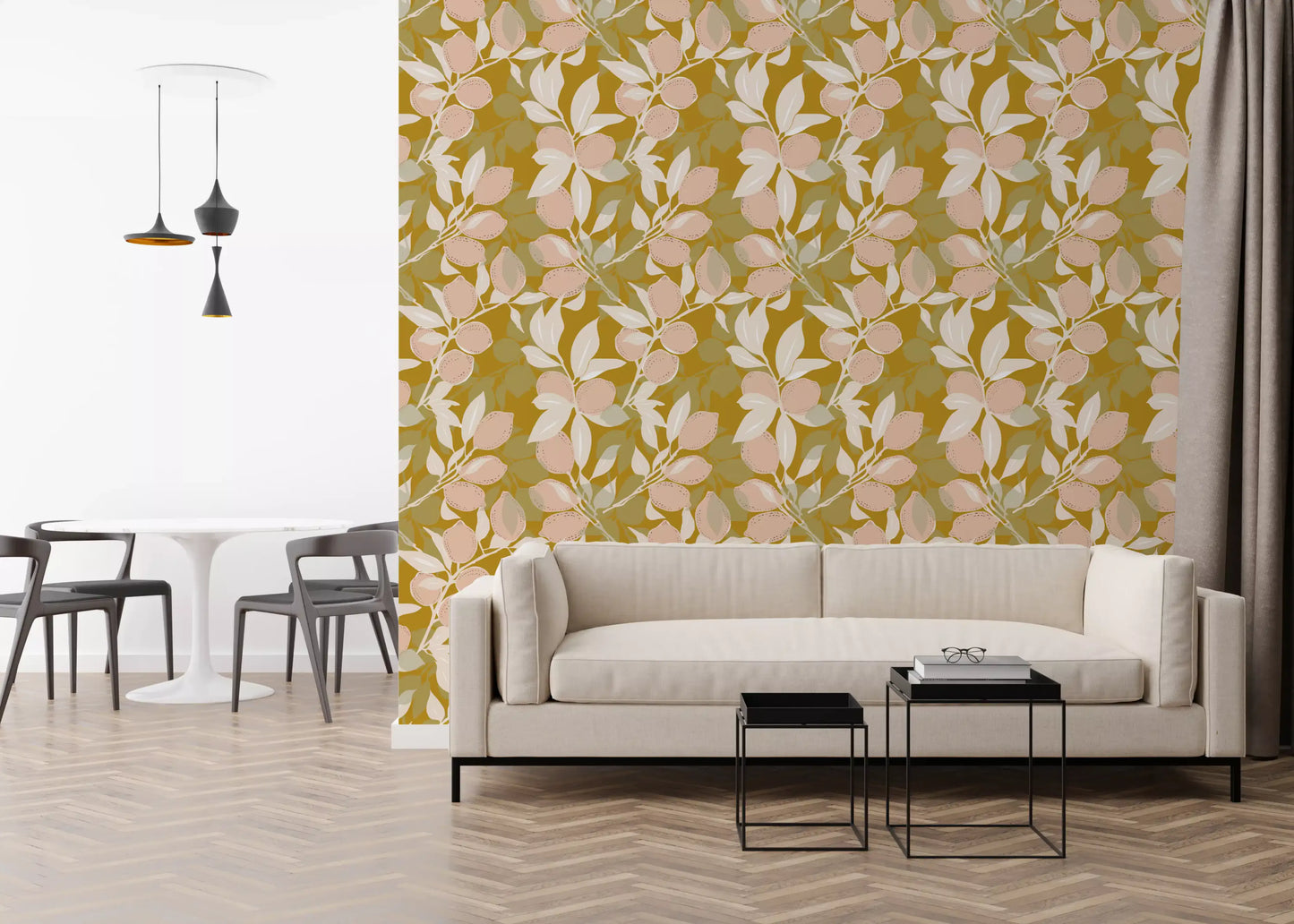 Pantry wall finished in Mediterranean Kitchen wallpaper with citrus detail