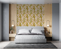 Leafy kitchen wallpaper using lemon shapes and golden mustard backing