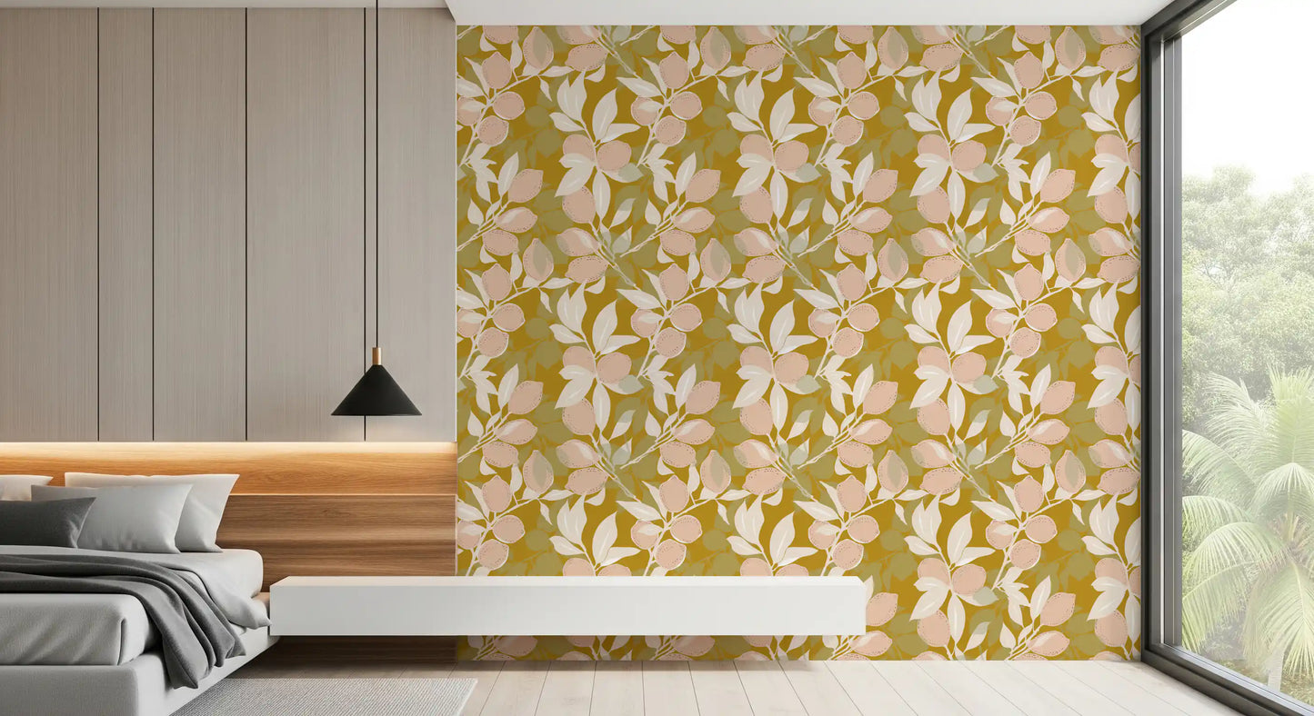 Cream foliage cuts through mustard wallpaper with botanical fruit artwork