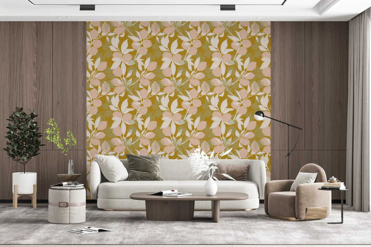 Living area wallpaper featuring Mustard Lemon motifs and cream foliage