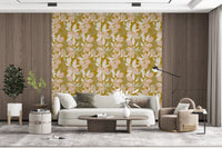 Living area wallpaper featuring Mustard Lemon motifs and cream foliage
