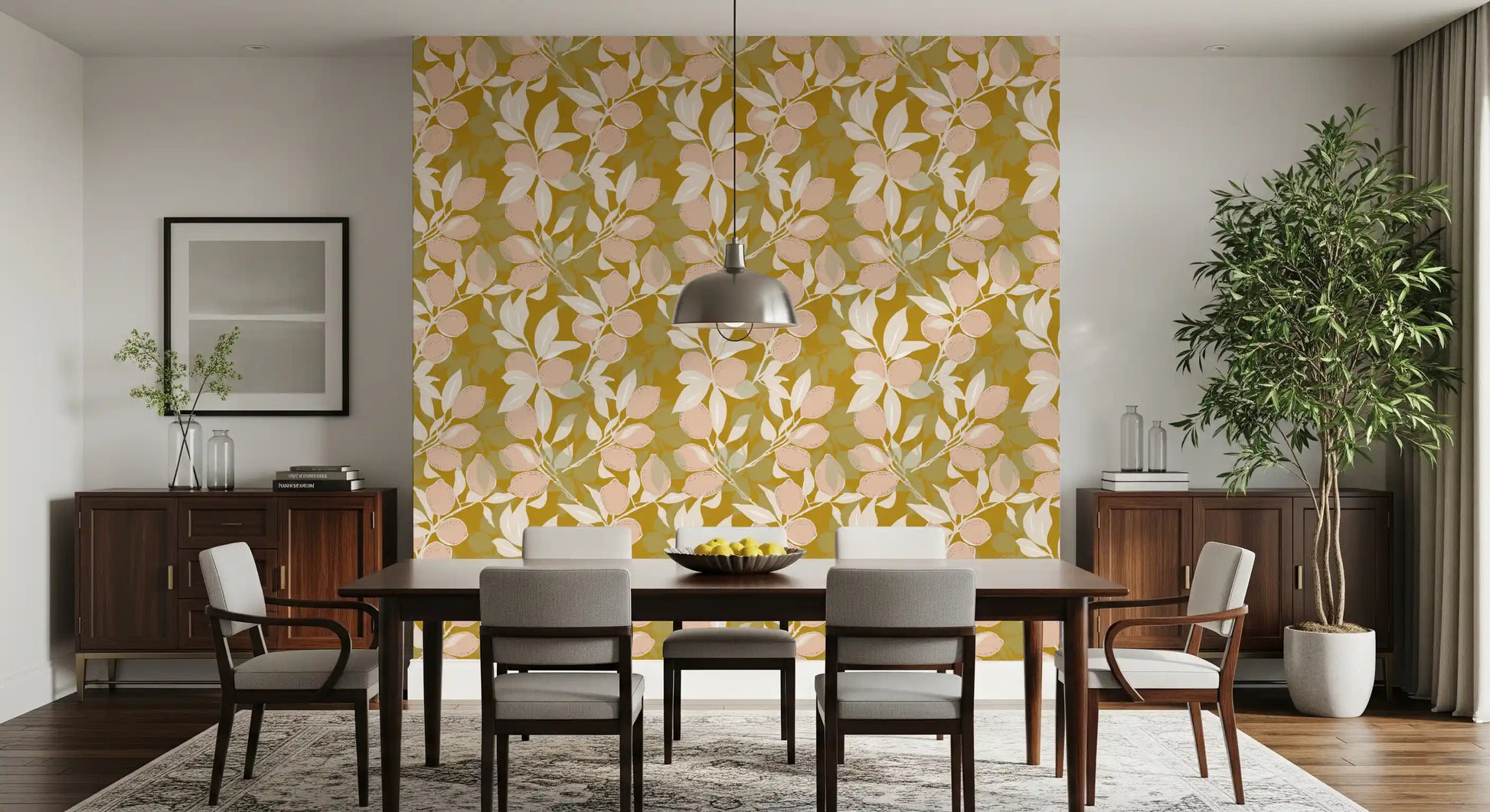 Dining area wallpaper showing lemon shapes over warm mustard colour