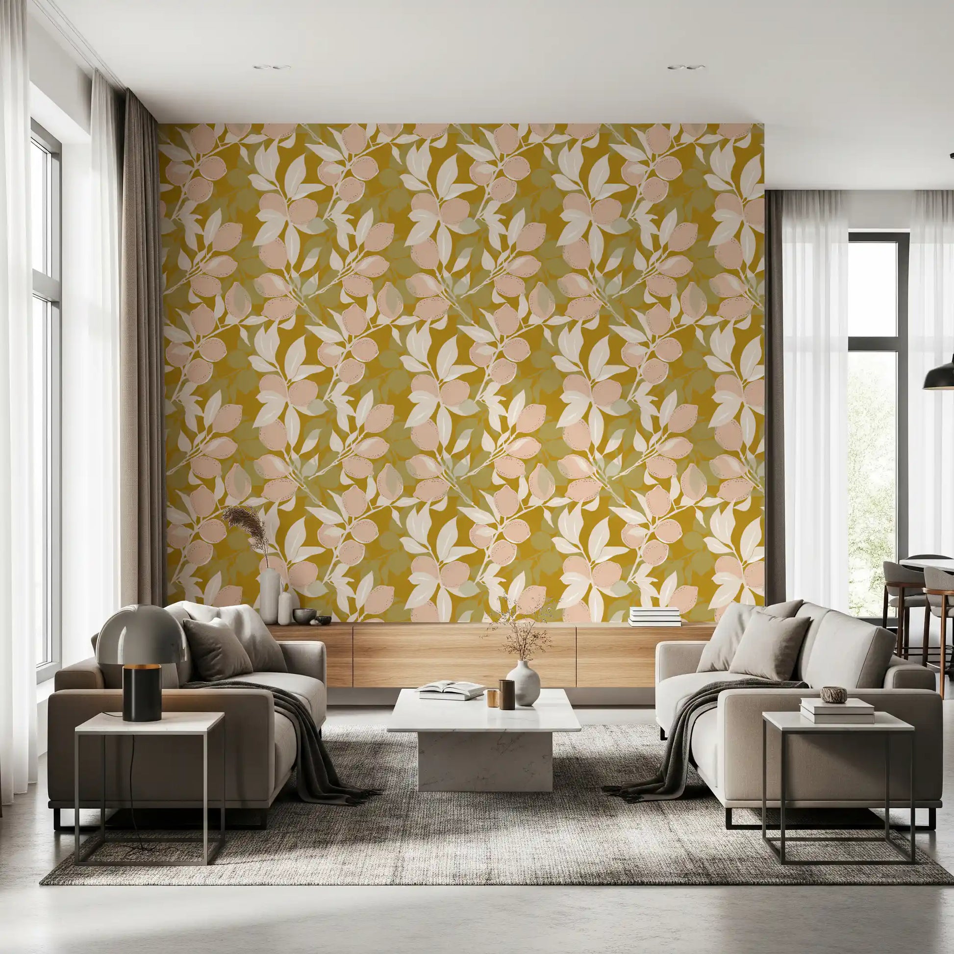 Home wallpaper with layered lemon branches and warm botanical styling