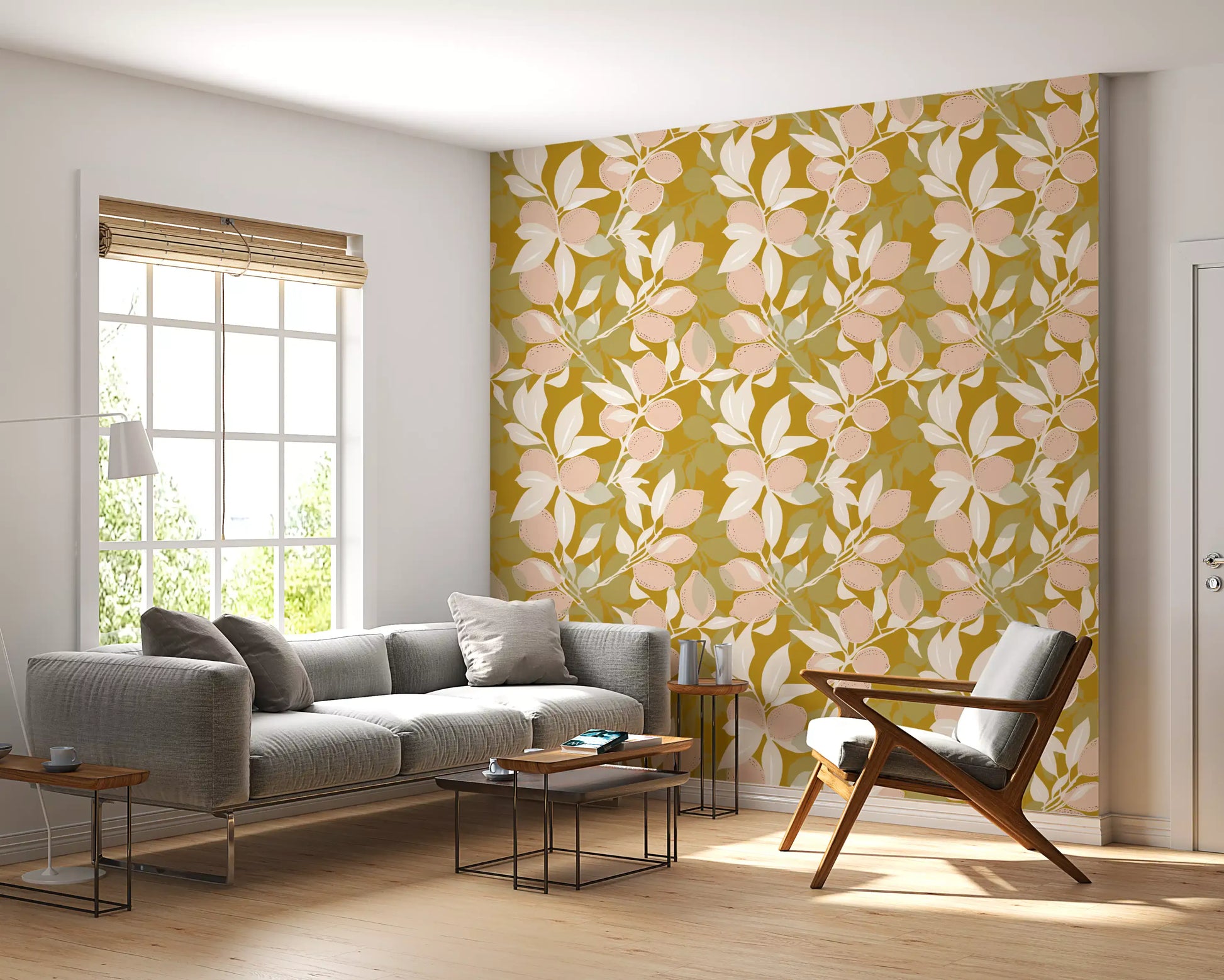 Mediterranean lemon wallpaper showing warm colour and leafy movement