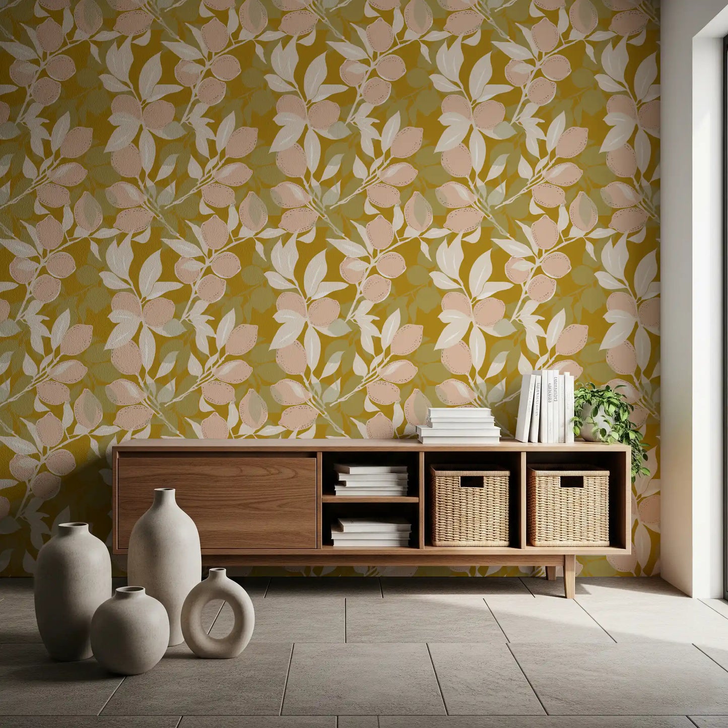 Mustard citrus wallpaper carrying pale leaves and soft peach lemon forms