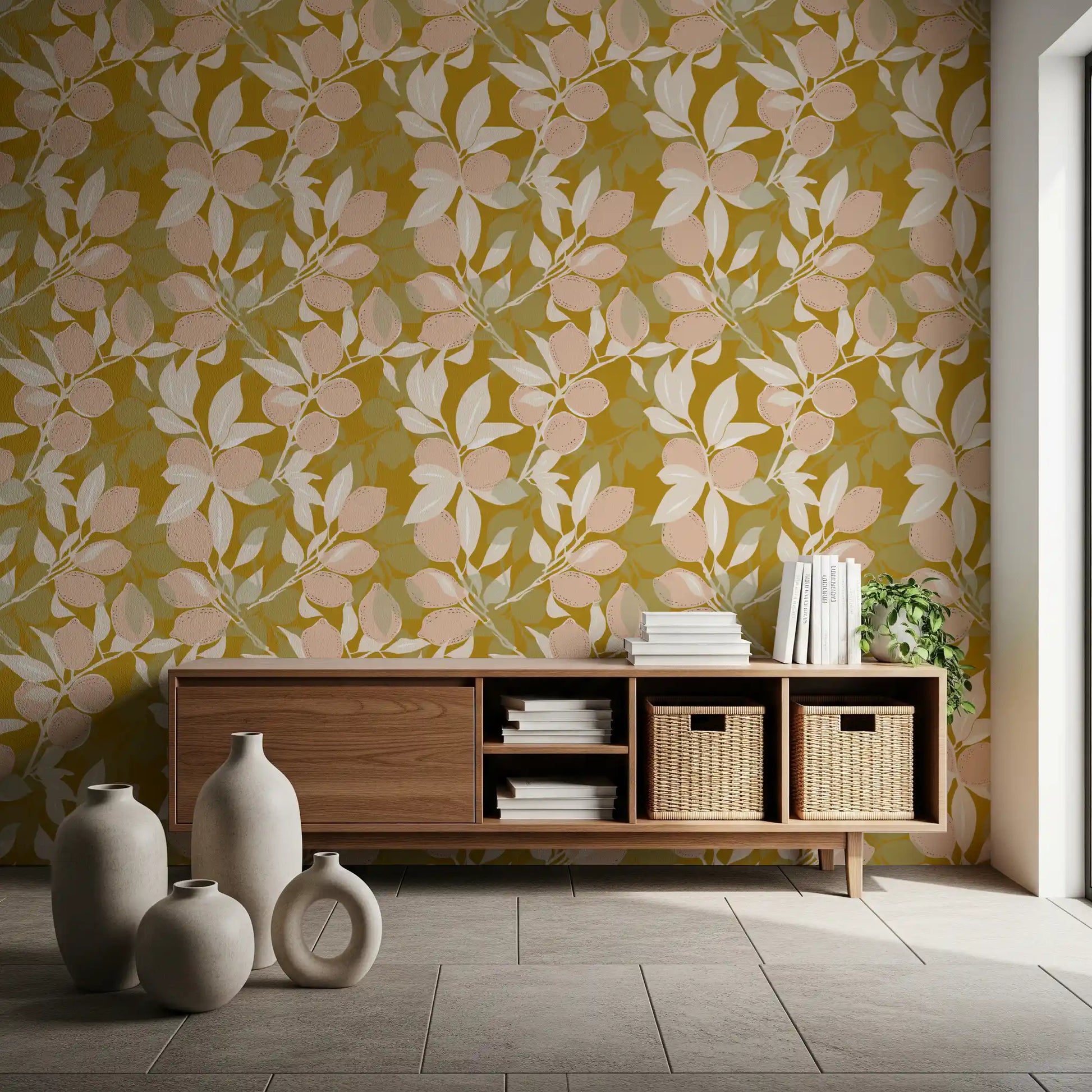 Mustard citrus wallpaper carrying pale leaves and soft peach lemon forms