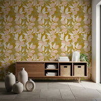 Mustard citrus wallpaper carrying pale leaves and soft peach lemon forms