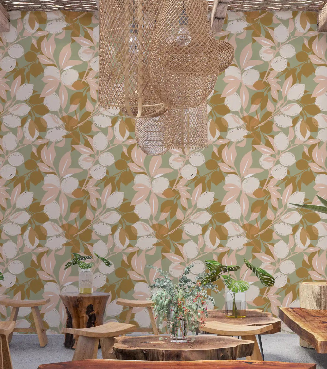 Cafe area wallpaper with Sage Lemon artwork and soft Mediterranean leaves