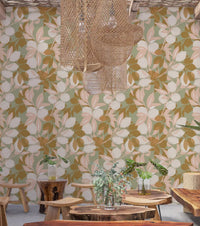 Cafe area wallpaper with Sage Lemon artwork and soft Mediterranean leaves
