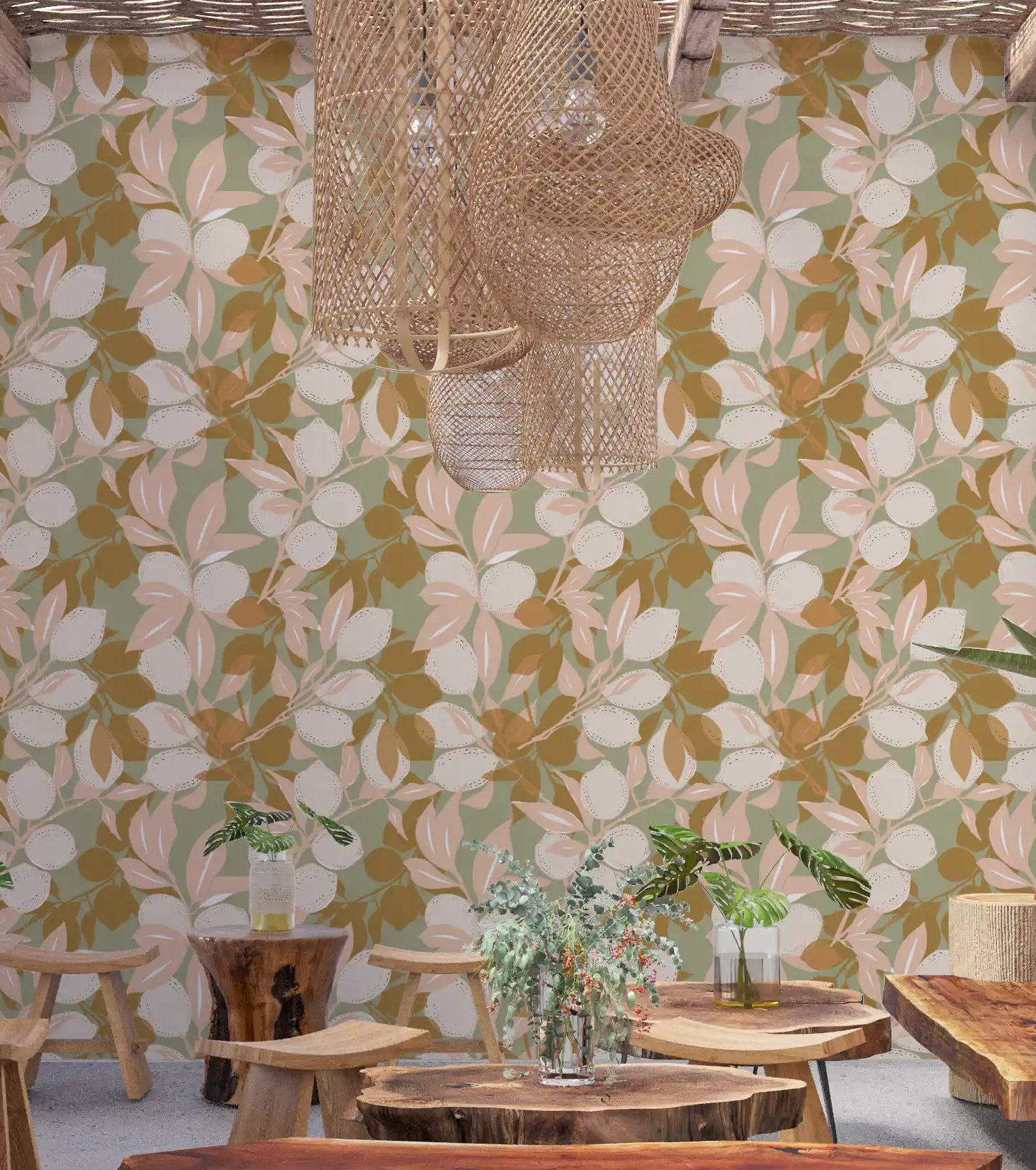 Cafe area wallpaper with Sage Lemon artwork and soft Mediterranean leaves