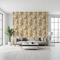 Cream lemon wallpaper with peach foliage and muted Mediterranean styling