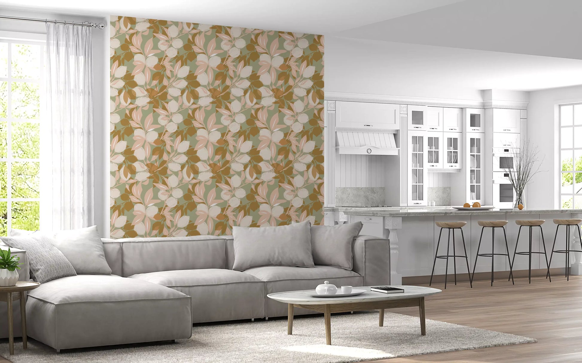 Kitchen area wallpaper carrying soft sage tones, lemon shapes, and branch artwork