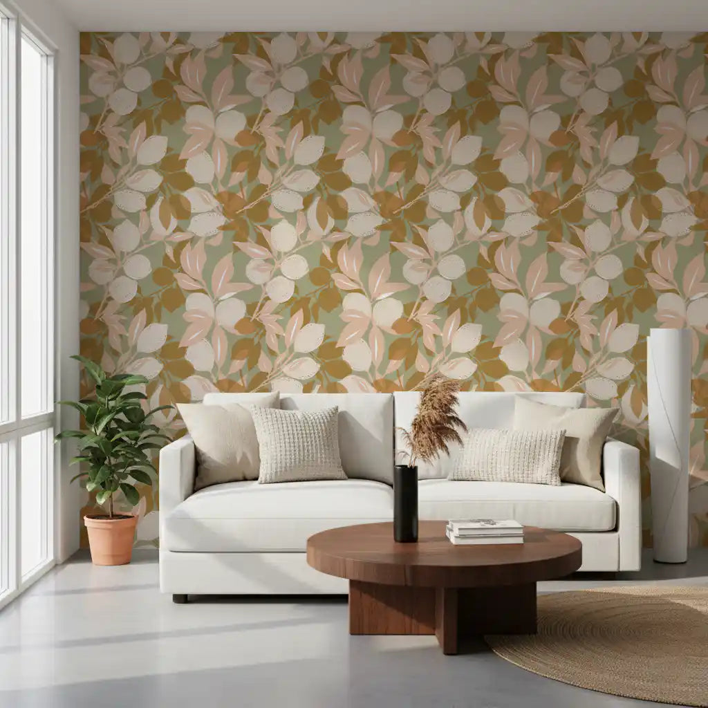 Botanical wallpaper design with lemon shapes, sage backing, and warm accents