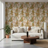 Botanical wallpaper design with lemon shapes, sage backing, and warm accents