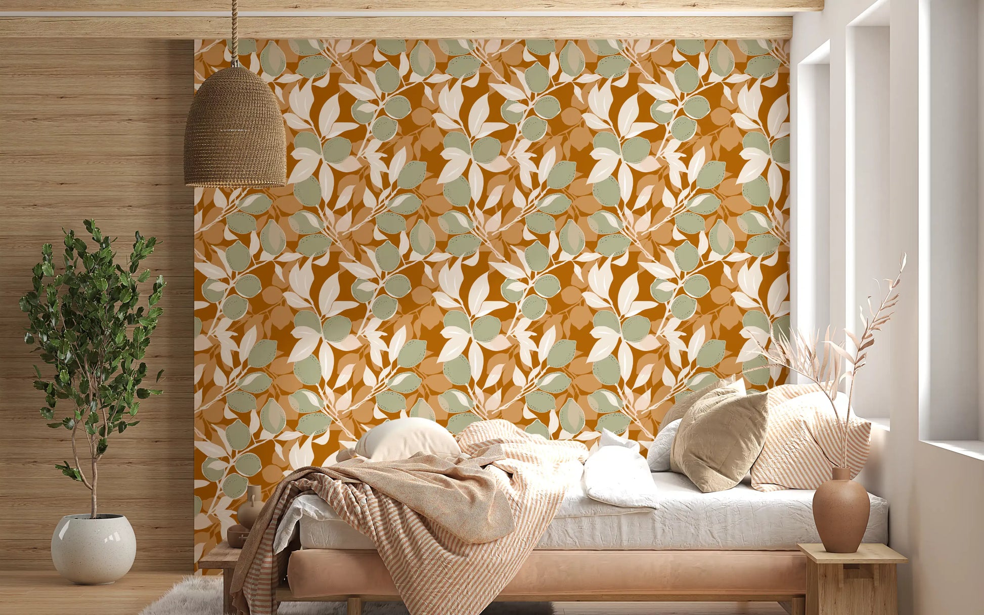 Sage fruit wallpaper layered with branches over earthy terracotta tones