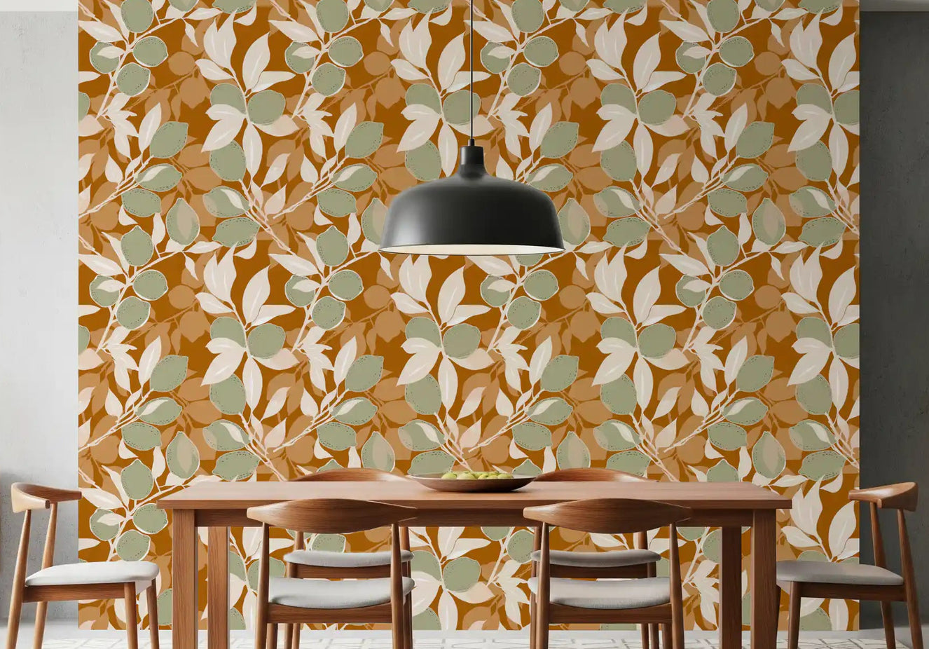 Kitchen Dining area wallpaper with Sage Terracotta Lemon design and leafy citrus detail