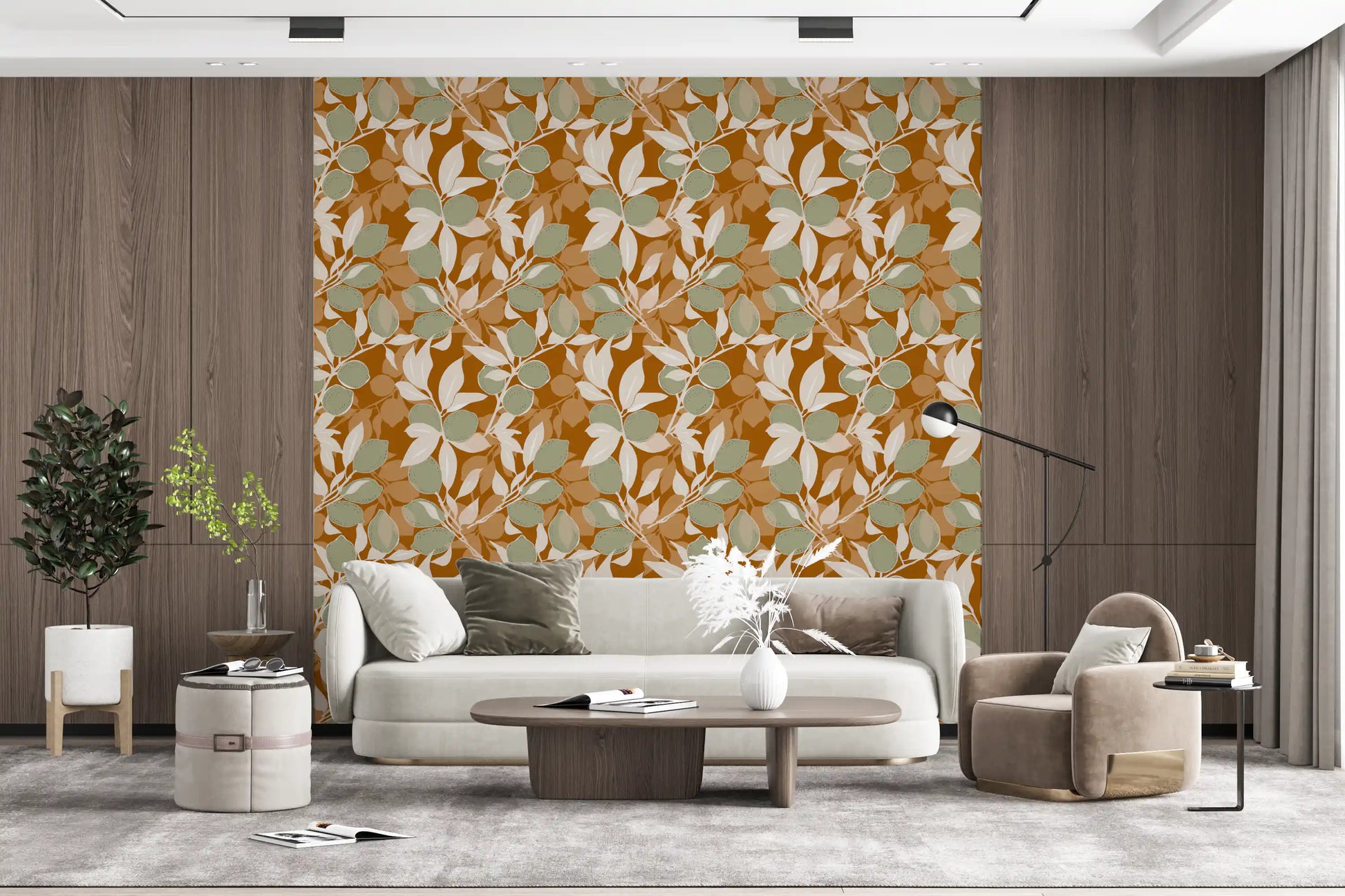 Cream foliage flows through terracotta wallpaper with sage lemon shapes