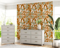 Terracotta kitchen wallpaper with illustrated citrus and pale leaf forms