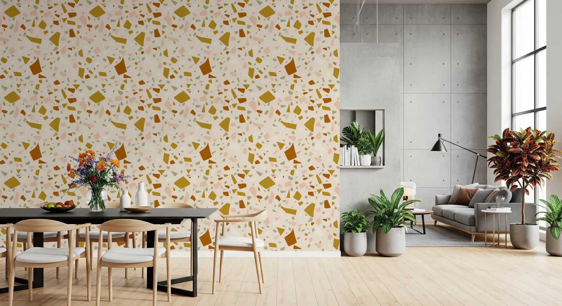 Stone-chip style wallpaper with neutral colour and irregular terrazzo shapes