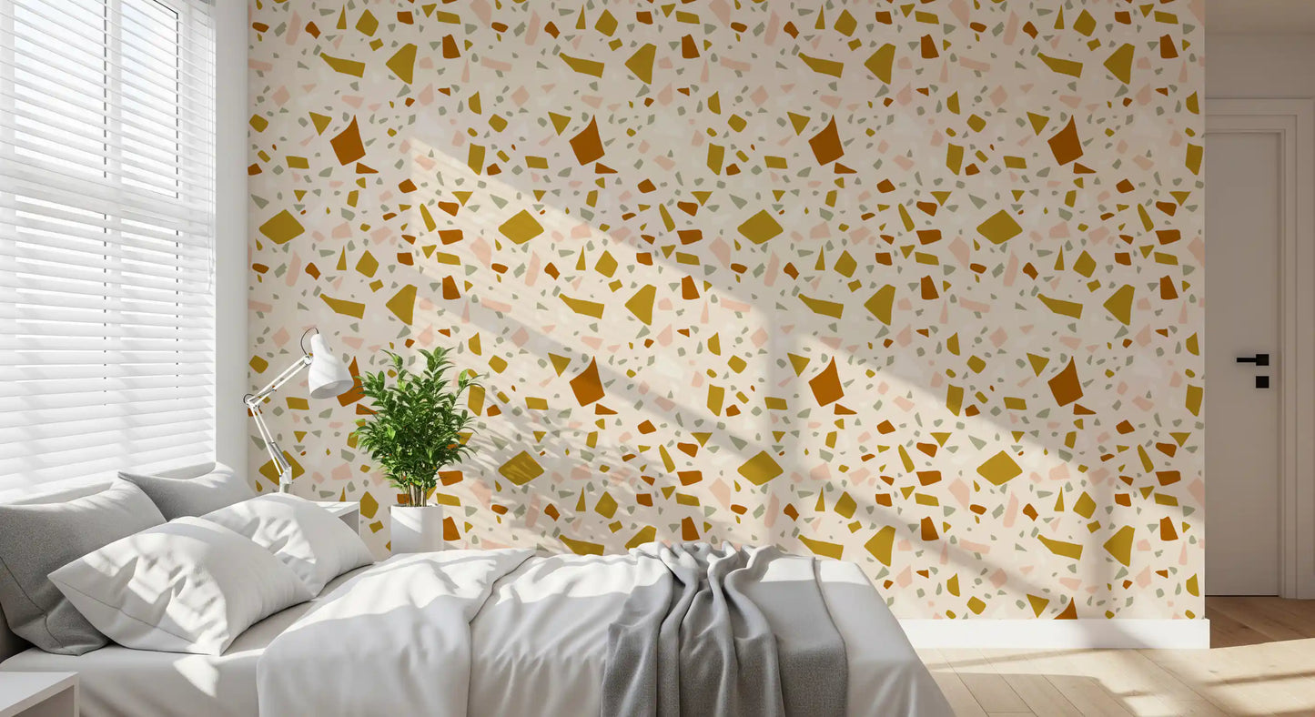 Abstract wallpaper showing sage pieces across a warm cream surface