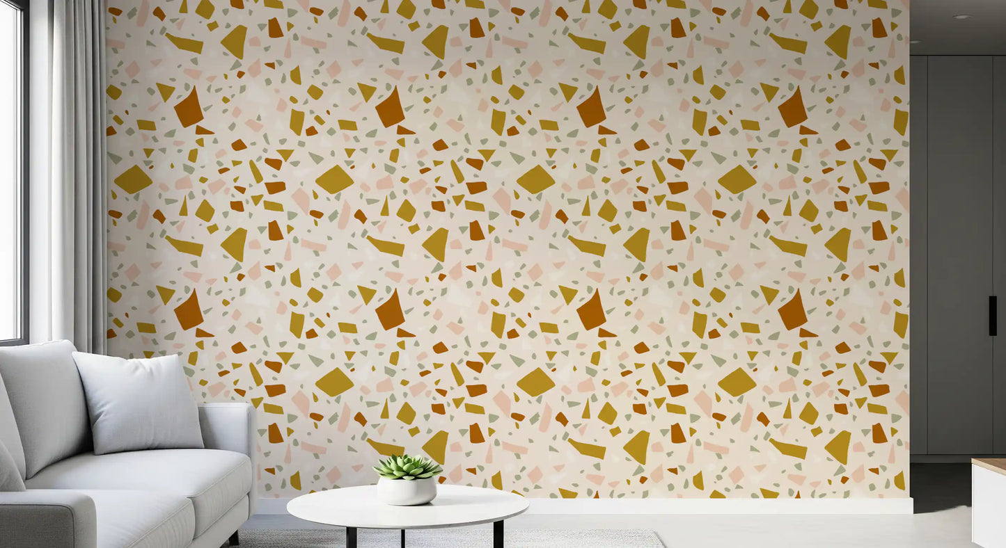 Home office area styled with Neutral Terrazzo Wallpaper and earthy chips