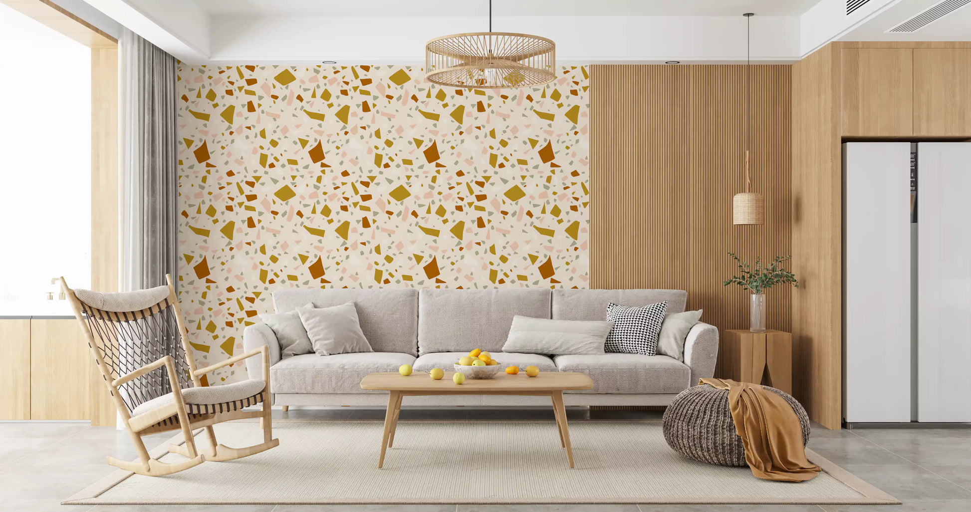 Decorative terrazzo wallpaper with sage accents and golden-brown detail