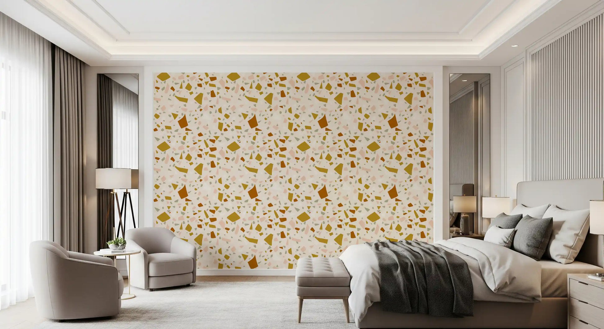 Bedroom wall using Mediterranean Neutral wallpaper with sage detail