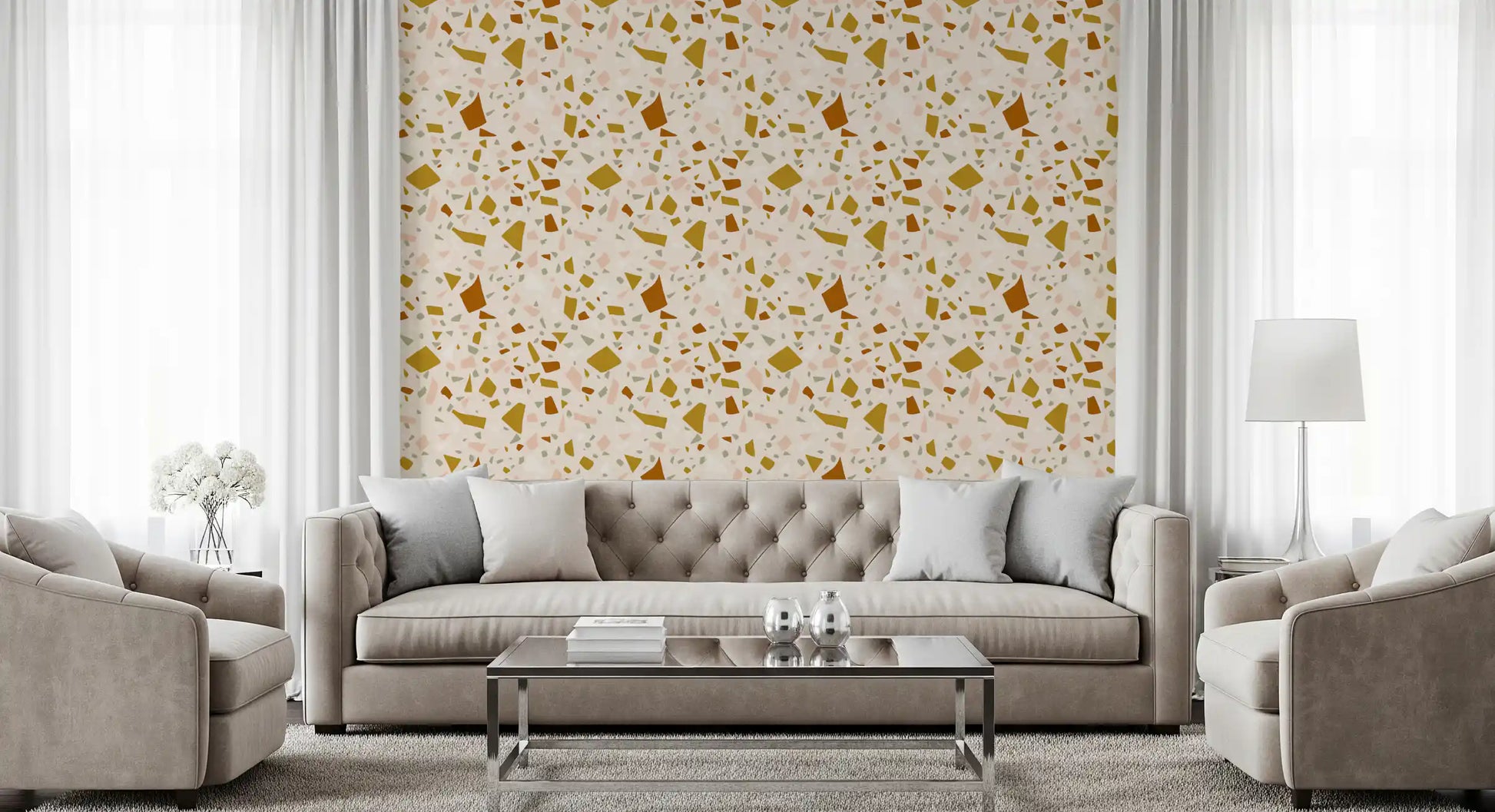 Hallway wallpaper showing cream backing and sage terrazzo fragments